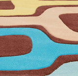 Colorful geometric circuit-inspired pattern on round hand-tufted wool rug for a dining room, 8ft round size