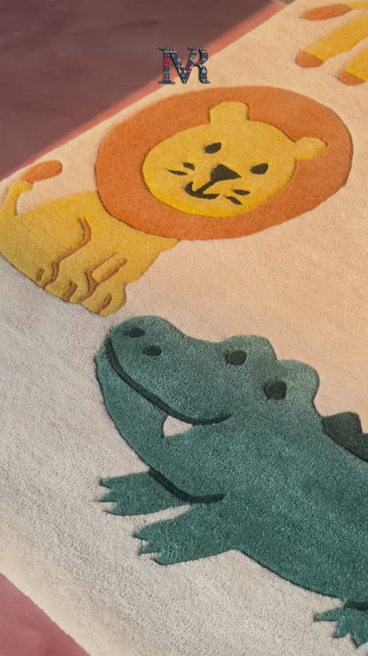 kids loving rug includes animals like elephant, giraffe, lion and crocodile.