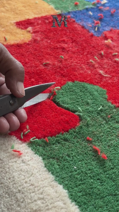 Finishing process of our multicolor puzzle piece hand tufted rugs for kids