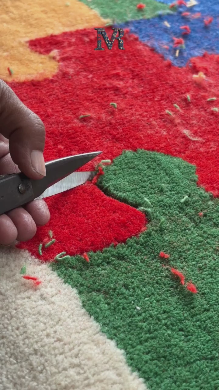 Finishing process of our multicolor puzzle piece hand tufted rugs for kids