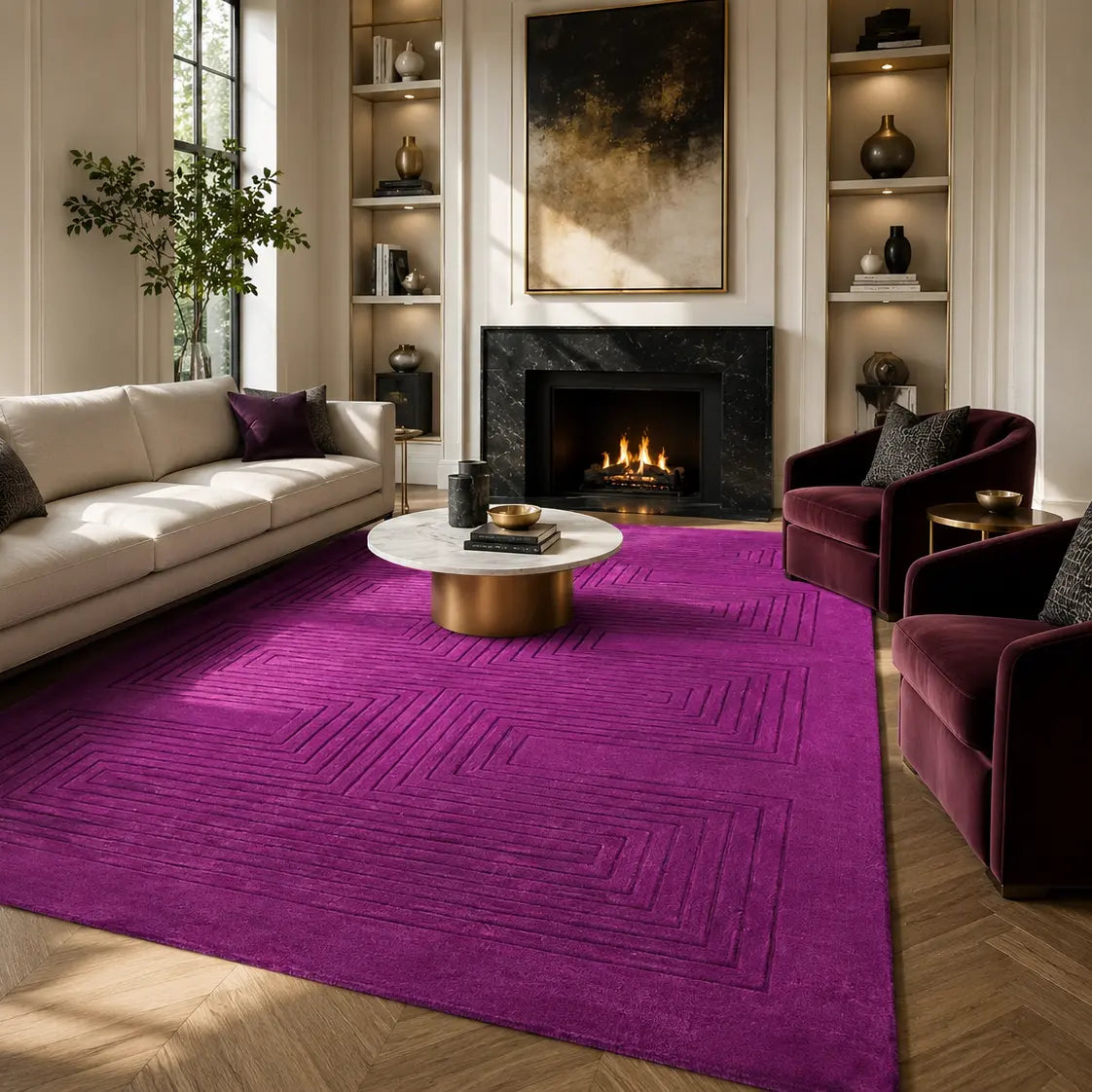 Living room with a purple rug, white sofa, and fireplace.