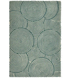 A rectangular area rug featuring a repeating pattern of concentric circles in dark teal green and off-white, shown flat against a white background.