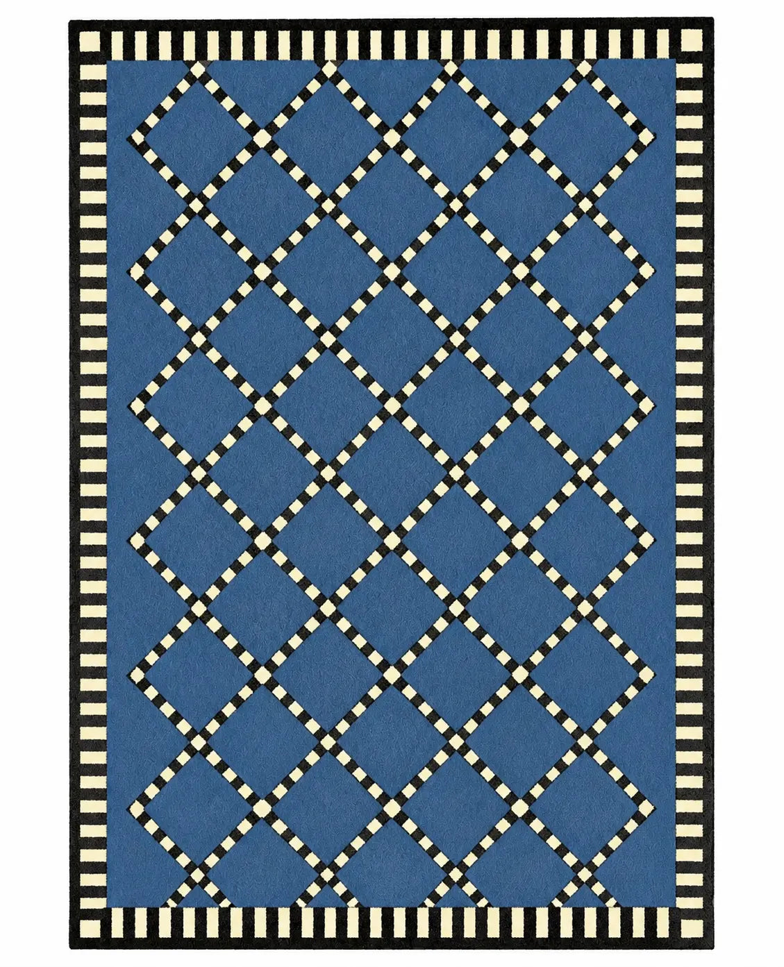 A rectangular area rug with a blue field featuring a cream-colored diamond lattice pattern, finished with a black and cream striped border.