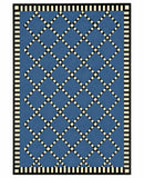 A rectangular area rug with a blue field featuring a cream-colored diamond lattice pattern, finished with a black and cream striped border.