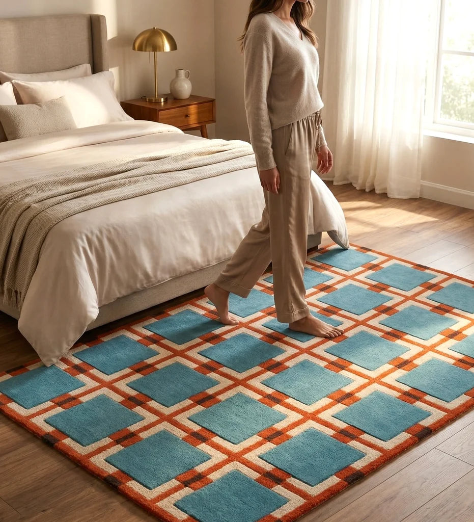 A woman in beige pajamas walks barefoot across a geometric area rug in a bright, modern bedroom. The rug features a pattern of teal blue squares outlined in orange, separated by cream-colored lines, and set on a light wood floor next to a bed with neutral bedding.