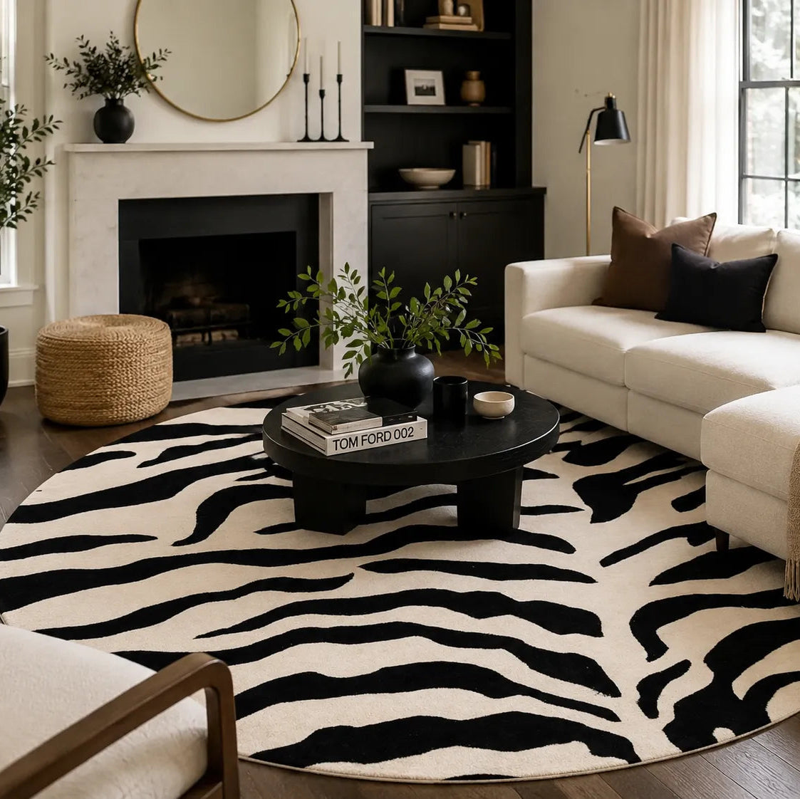 A round area rug with a bold black and cream zebra stripe pattern, styled in a modern living room with a cream sectional sofa, black coffee table, and fireplace.