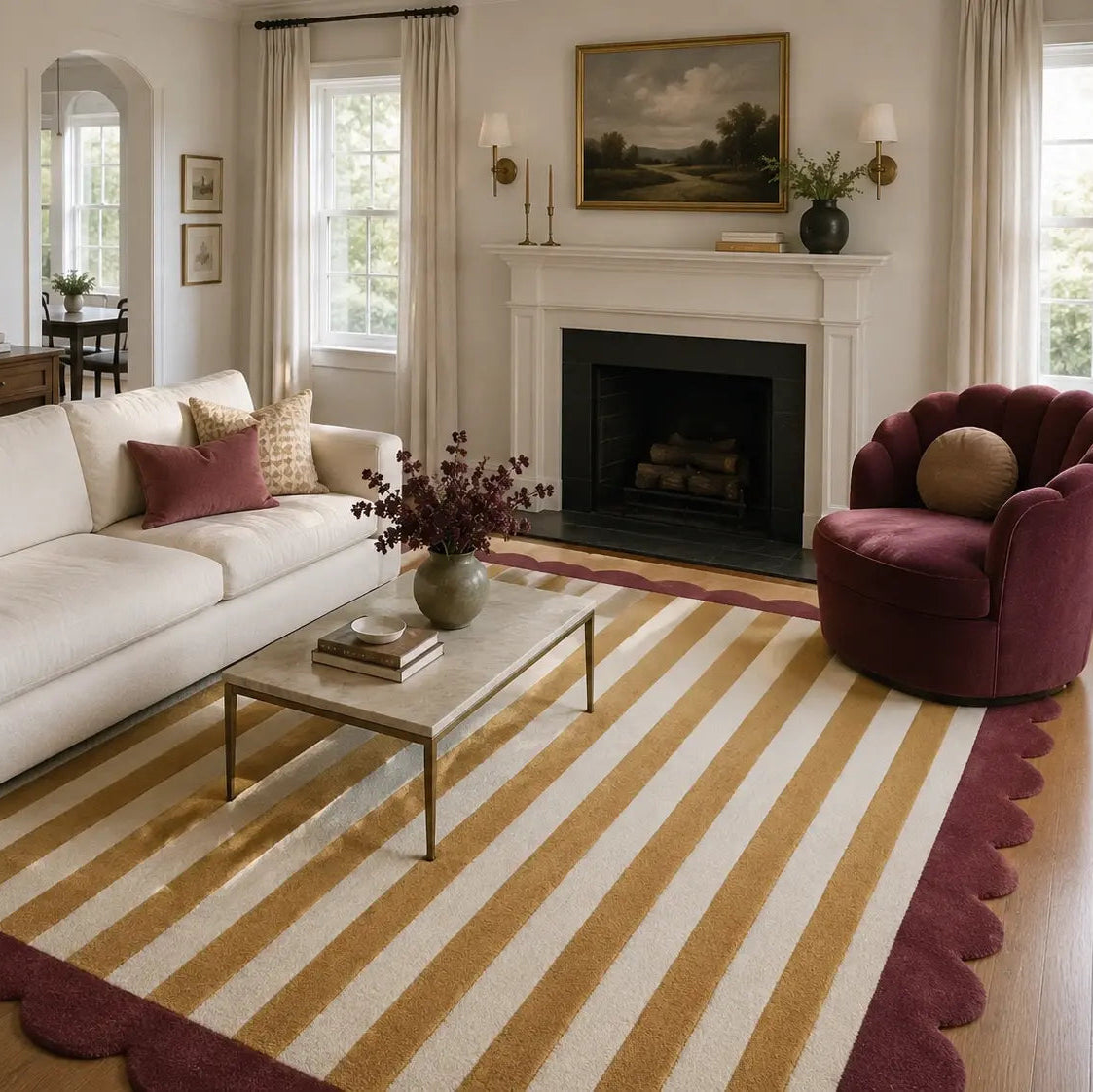 Living room with a white sofa, striped rug, and fireplace.