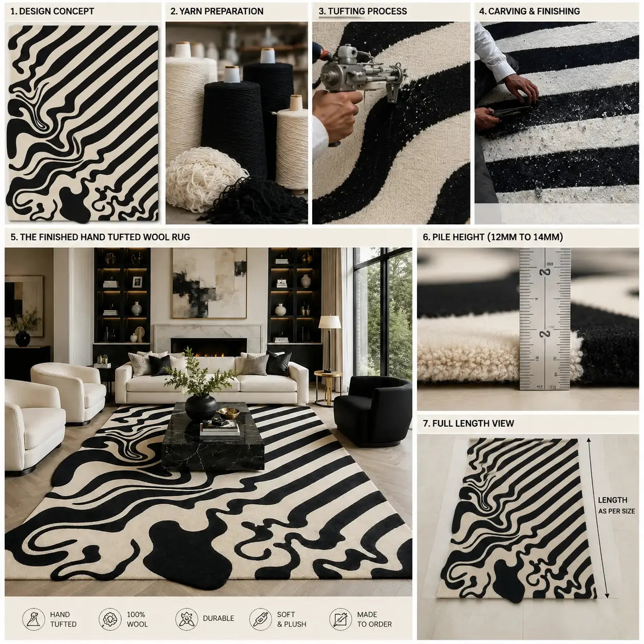 A 7-panel collage showing the process and features of a black and white abstract patterned wool rug. The panels include design concept, yarn preparation, tufting process, finished product views, pile height, full length, and feature icons for hand tufted, 100% wool, durable, soft plush, and made to order.