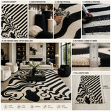 A 7-panel collage showing the process and features of a black and white abstract patterned wool rug. The panels include design concept, yarn preparation, tufting process, finished product views, pile height, full length, and feature icons for hand tufted, 100% wool, durable, soft plush, and made to order.