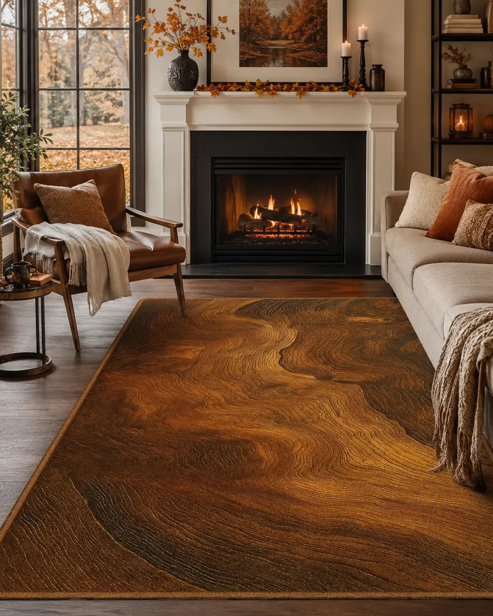A large rectangular area rug with a rich wood-grain pattern in warm brown and golden tones, styled in a cozy living room setting with a fireplace, sofa, and armchair.