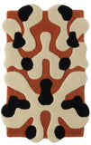 Rug with a geometric pattern featuring black, white, and orange colors on a white background