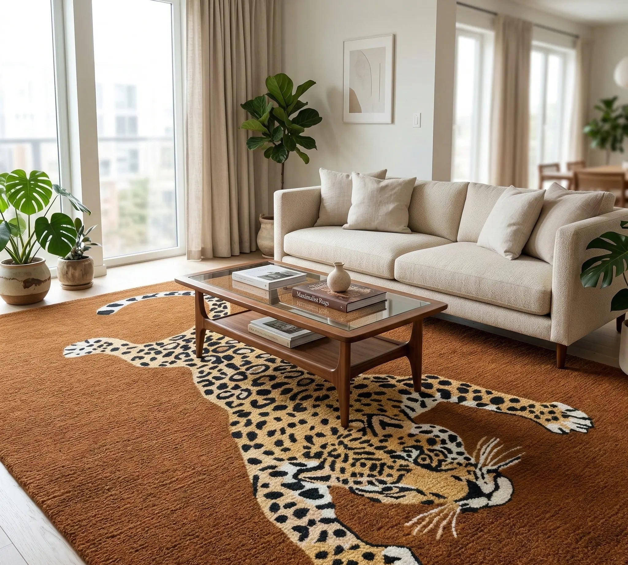 Living room with a leopard print rug and beige sofa.