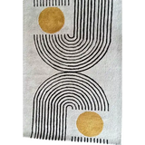 Modern handwoven luxury rug with black curved lines and two mustard yellow circles on white background