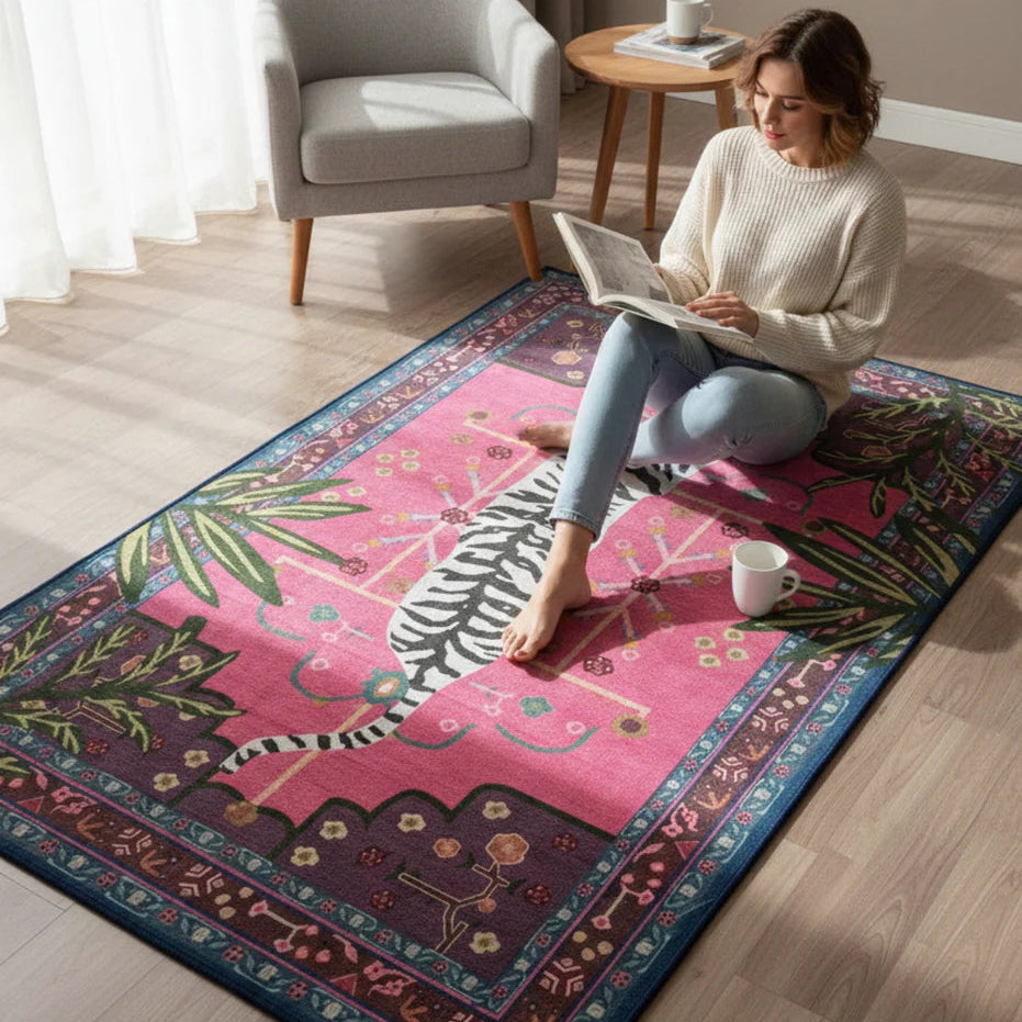 Woman sitting on a colorful rug with a zebra design, reading a book in a cozy living room.