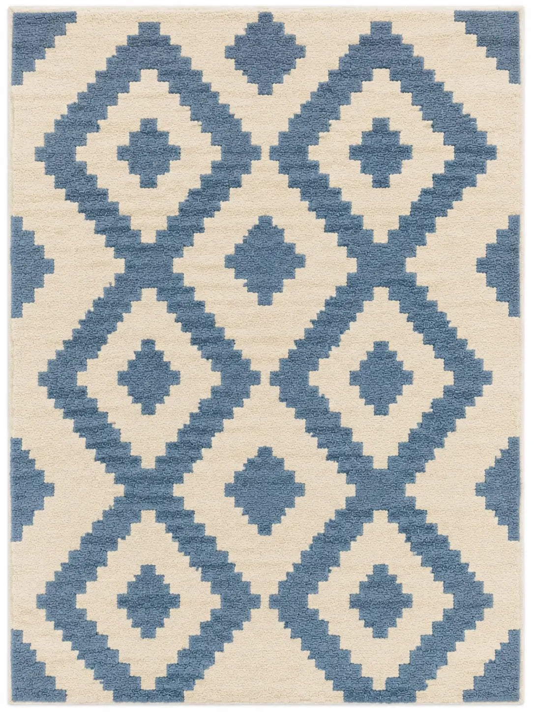A square area rug with a geometric diamond pattern in slate blue on a warm cream background.