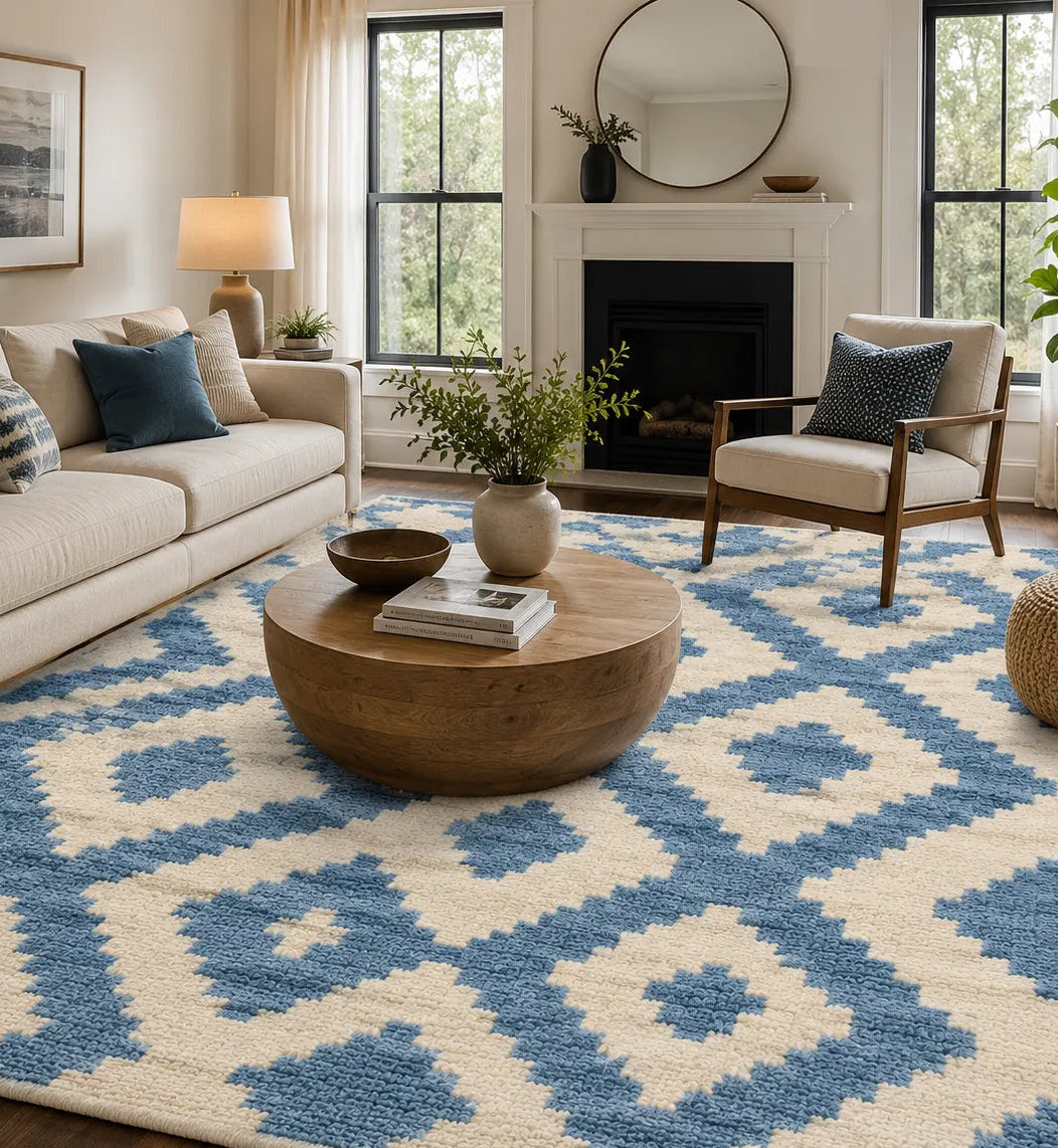 A large area rug with a blue and cream geometric diamond pattern is shown in a styled living room with a beige sofa, wooden coffee table, and fireplace.