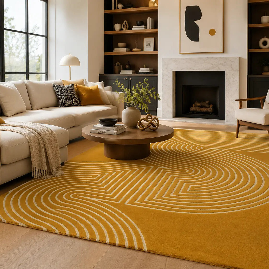 A large mustard yellow area rug with a cream geometric concentric arch pattern, styled in a modern living room with a cream sectional sofa, round wooden coffee table, and fireplace.